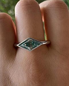 Greenish Blue Lozenge Moissanite Ring: 2 CT Kite Cut Bezel Set