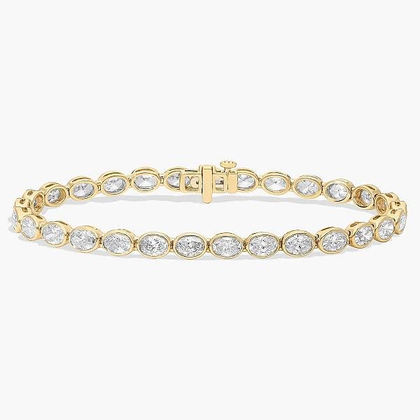 Oval Lab Grown Diamond Tennis Bracelet: 14K Yellow Gold Bezel Bridal Bracelet