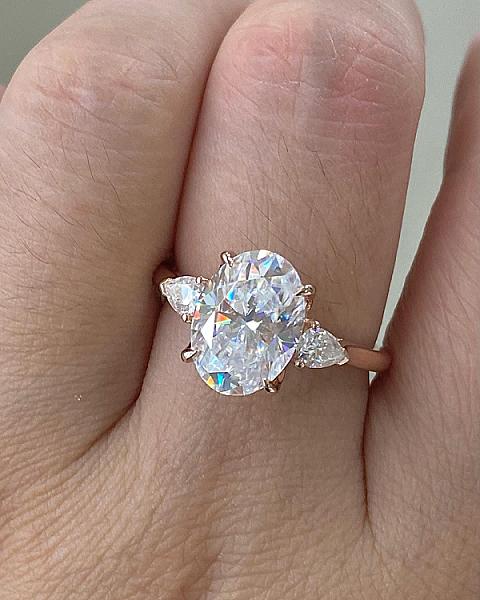 Oval Moissanite Engagement Ring: Three Stone Pear Side Stones, 2 Carat