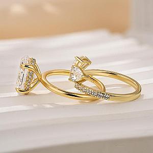 Oval Lab Grown Diamond Bridal Ring Set: 14K Gold Open Cuff Wedding Band