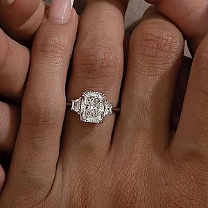 3 Carat IGI CERTIFIED E Color VVS2 Clarity Radiant Cut Three Stone Lab Grown Diamond Engagement Ring, Side Trapezoid Cuts ,18k White Gold - Image 1