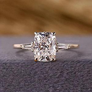 Cushion Lab Grown Diamond Engagement Ring: 14k Gold Three Stone Ring - Image 1
