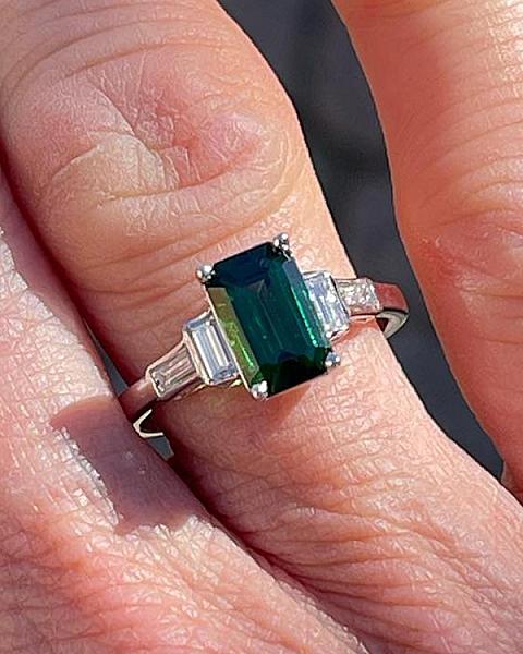 Art Deco Emerald Cut Moissanite Five Stone Ring: Vintage Anniversary Ring