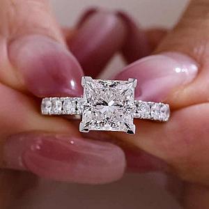 Princess Cut Lab Grown Diamond Engagement Ring: 14K Gold Pave Setting - Image 1