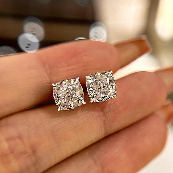 Cushion Cut Lab Grown Diamond Studs: Solitaire Prong Set Earrings