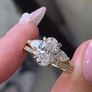 Oval Lab Grown Diamond Bridal Ring Set: 14K Gold Open Cuff Wedding Band - Image 4