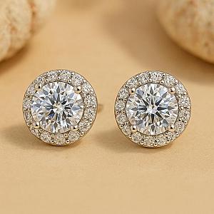 Lab Grown Diamond Halo Stud Earrings: 14K Gold Minimalist Style