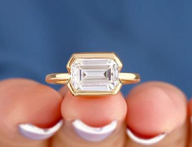 Emerald Cut Moissanite Engagement Ring: 14K Gold Half Bezel Solitaire - Image 2