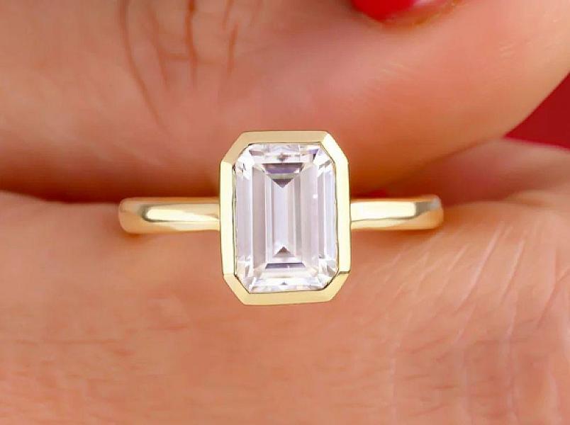 Emerald Cut Moissanite Engagement Ring: Bezel Set Gold Promise Ring