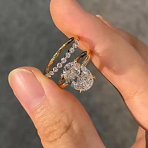2.0 Carat IGI Certified F VVS2 Oval Lab Grown Diamond Hidden Halo Engagement Ring Set, Matching Round Diamonds Wedding Band, 14k Yellow Gold - Image 5