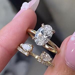 Oval Lab Grown Diamond Bridal Ring Set: 14K Gold Open Cuff Wedding Band - Image 5