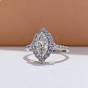 Marquise Cut Moissanite Halo Engagement Ring: Pave Set Bridal Ring - Image 1