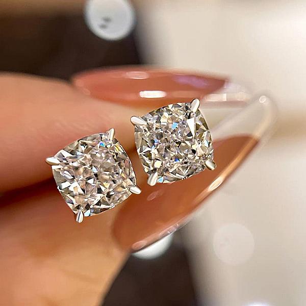 Cushion Cut Lab Grown Diamond Studs: Solitaire Prong Set Earrings