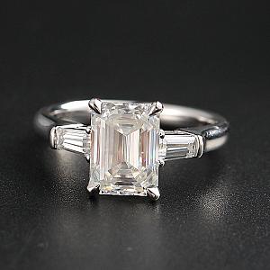 3 Carat Emerald Moissanite Engagement Ring: Tapered Baguette, Three Stone, Handmade - Image 1