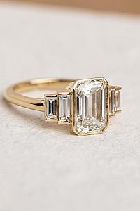 Vintage Emerald Cut Moissanite Five Stone Ring: 14K White Gold Bezel Set - Image 3