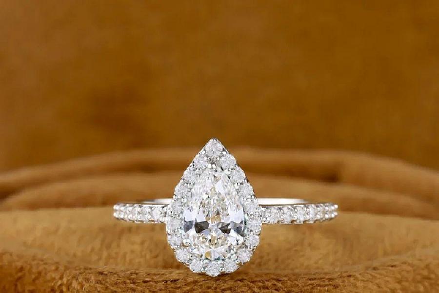 2 CT Pear Cut Moissanite Engagement Ring: Halo Solitaire, 14K Gold