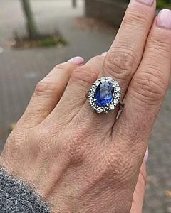 Oval Sapphire Engagement Ring: Halo Moissanite, 14K Gold Bridal Ring - Image 6