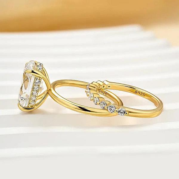 2.0 Carat IGI Certified F VVS2 Oval Lab Grown Diamond Hidden Halo Engagement Ring Set, Matching Round Diamonds Wedding Band, 14k Yellow Gold