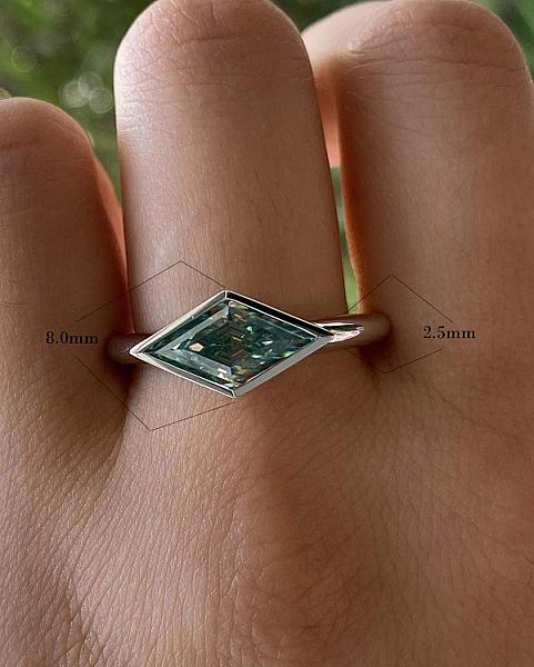 Greenish Blue Lozenge Moissanite Ring: 2 CT Kite Cut Bezel Set
