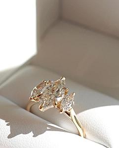 Marquise Moissanite Three Stone Engagement Ring: 14K Gold Cathedral Setting - Image 3