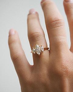 Marquise Moissanite Three Stone Engagement Ring: 14K Gold Cathedral Setting - Image 5