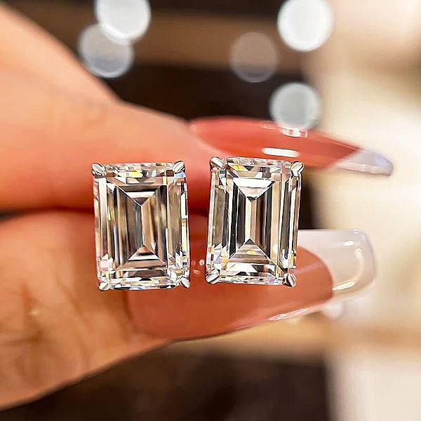 Emerald Cut Lab Grown Diamond Stud Earrings: Solid Gold Solitaire