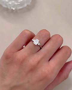 Emerald Cut Lab Grown Diamond Three Stone Engagement Ring - Image 6