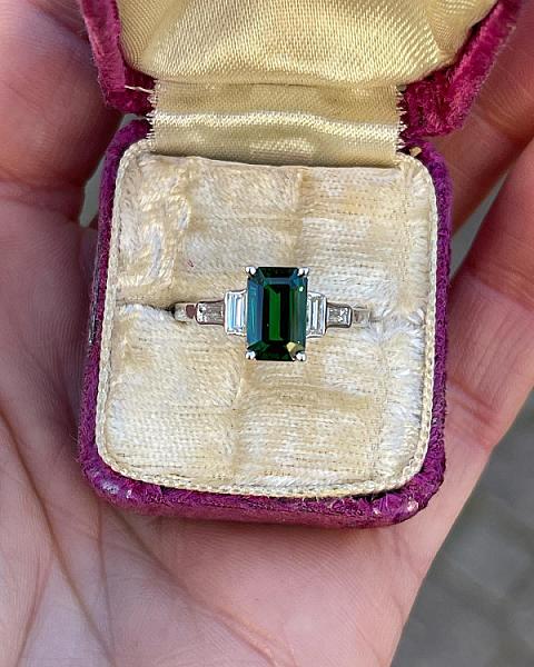 Art Deco Emerald Cut Moissanite Five Stone Ring: Vintage Anniversary Ring