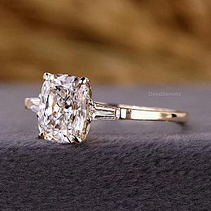 Cushion Lab Grown Diamond Engagement Ring: 14k Gold Three Stone Ring - Image 2