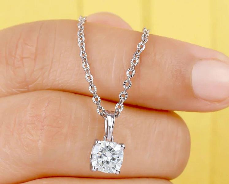 Cushion Moissanite Pendant Necklace: 1.00 CT Solid Gold, Silver Jewelry