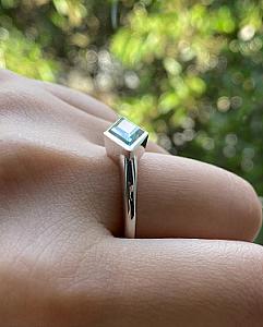 Greenish Blue Lozenge Moissanite Ring: 2 CT Kite Cut Bezel Set - Image 3