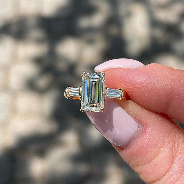 Emerald Cut Moissanite Engagement Ring: Three Stone Solid Gold Anniversary Ring