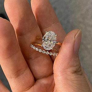 2.0 Carat IGI Certified F VVS2 Oval Lab Grown Diamond Hidden Halo Engagement Ring Set, Matching Round Diamonds Wedding Band, 14k Yellow Gold - Image 3