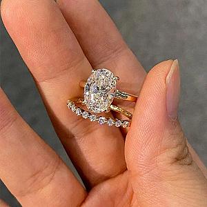 2.0 Carat IGI Certified F VVS2 Oval Lab Grown Diamond Hidden Halo Engagement Ring Set, Matching Round Diamonds Wedding Band, 14k Yellow Gold - Image 4