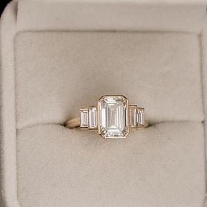 Vintage Emerald Cut Moissanite Five Stone Ring: 14K White Gold Bezel Set - Image 5