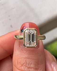Emerald Cut Lab Grown Diamond Engagement Ring: 14k Yellow Gold Bezel Solitaire - Image 1
