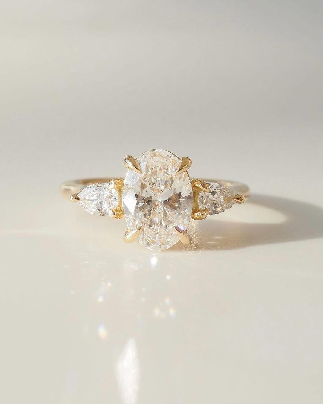 Oval Lab Grown Diamond Three Stone Engagement Ring: 14k Gold, Pear Side Stones