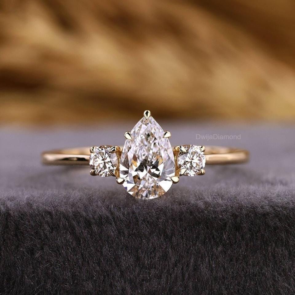 Pear Lab Grown Diamond Engagement Ring: 3-Stone Anniversary, Solid Gold