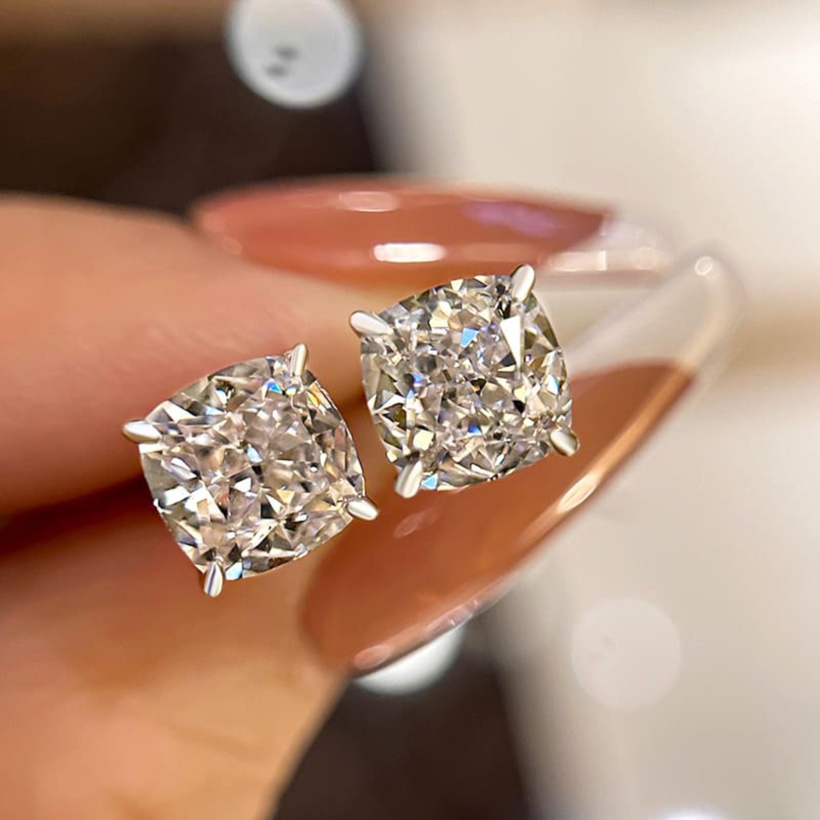 Cushion Cut Lab Grown Diamond Studs: Solitaire Prong Set Earrings