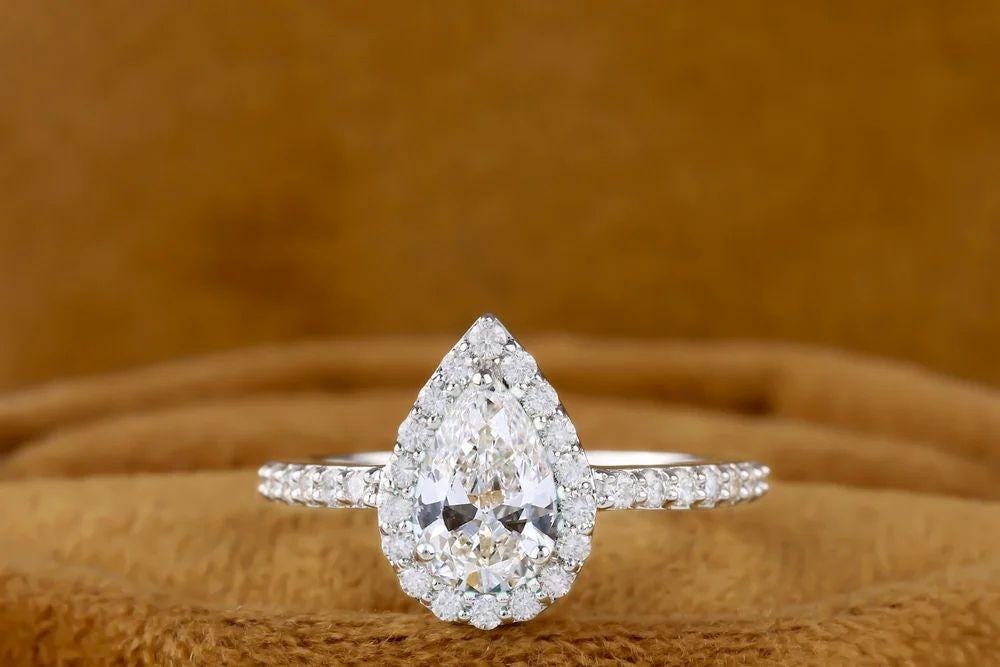 2 CT Pear Cut Moissanite Engagement Ring: Halo Solitaire, 14K Gold