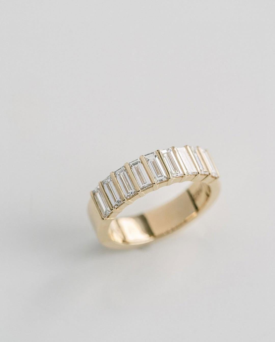 Vintage Baguette Moissanite Wedding Band: 14k Yellow Gold Half Eternity