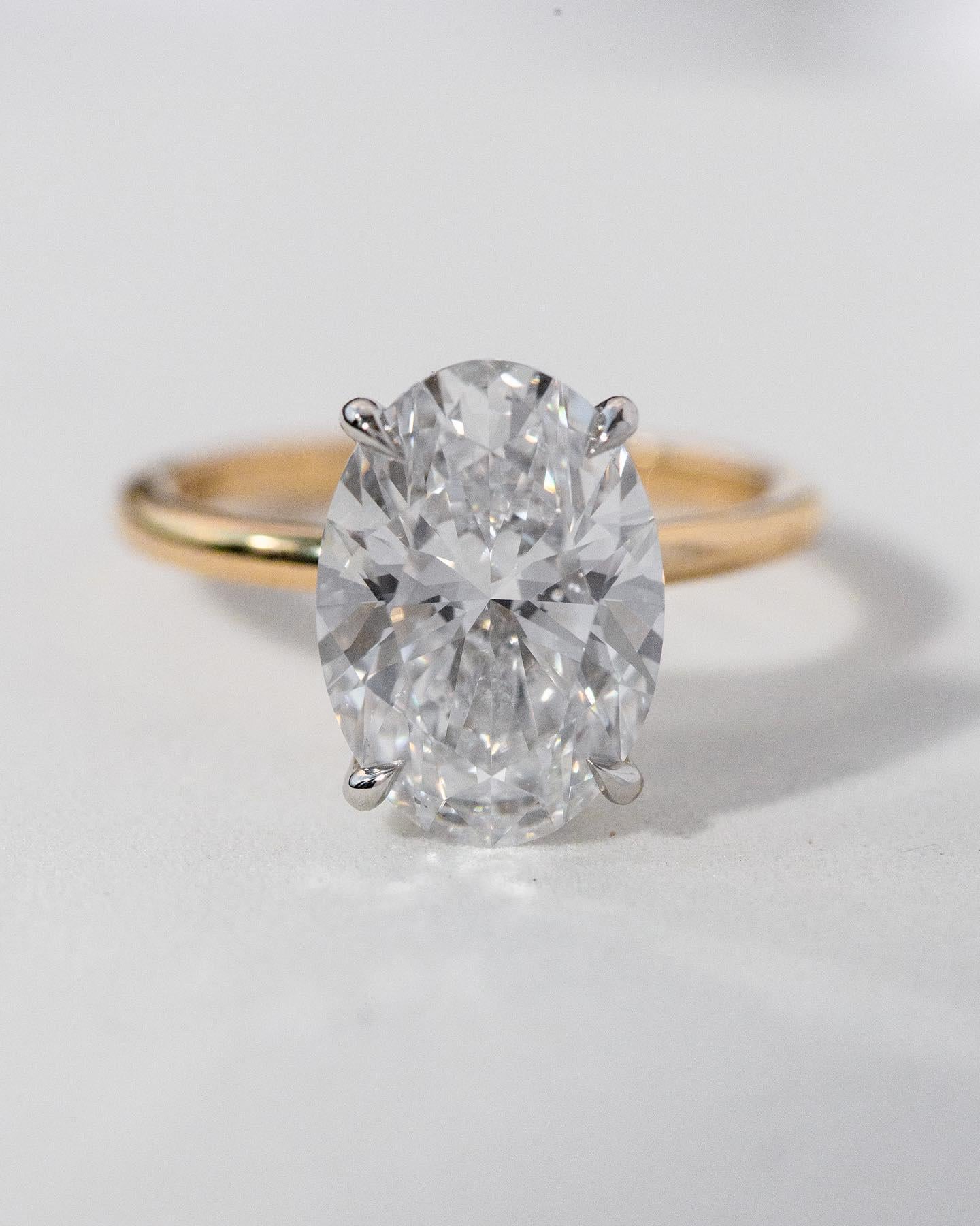 Oval Lab Grown Diamond Engagement Ring: Hidden Halo, Gold Band