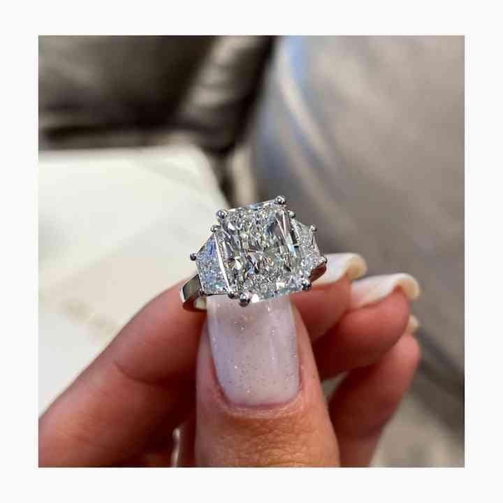 3.5 CT IGI Radiant Lab Grown Diamond Ring: 18k White Gold Trapezoid Engagement Ring