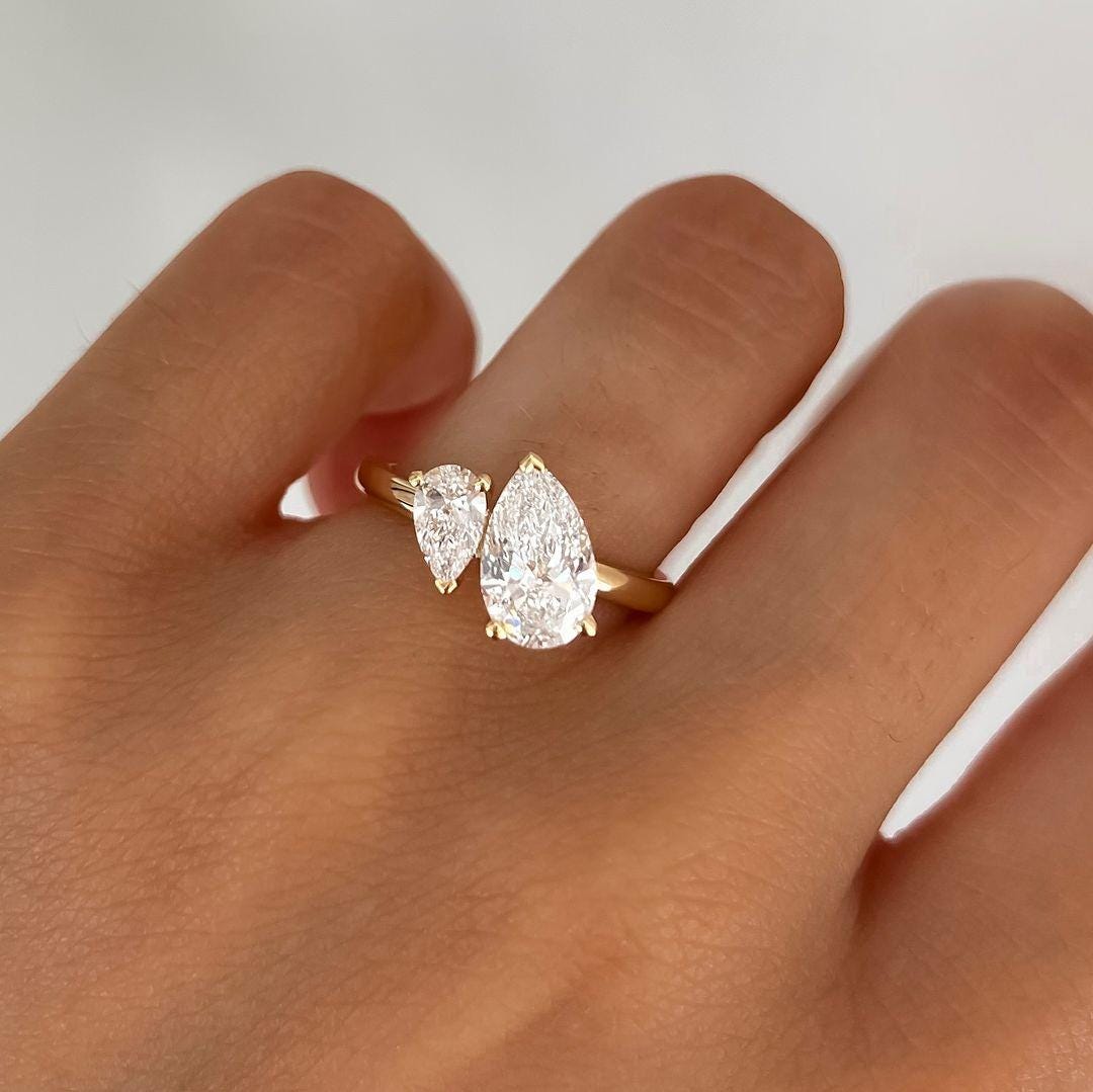 Toi et Moi Moissanite Engagement Ring: Pear Cut Two Stone Solid Gold