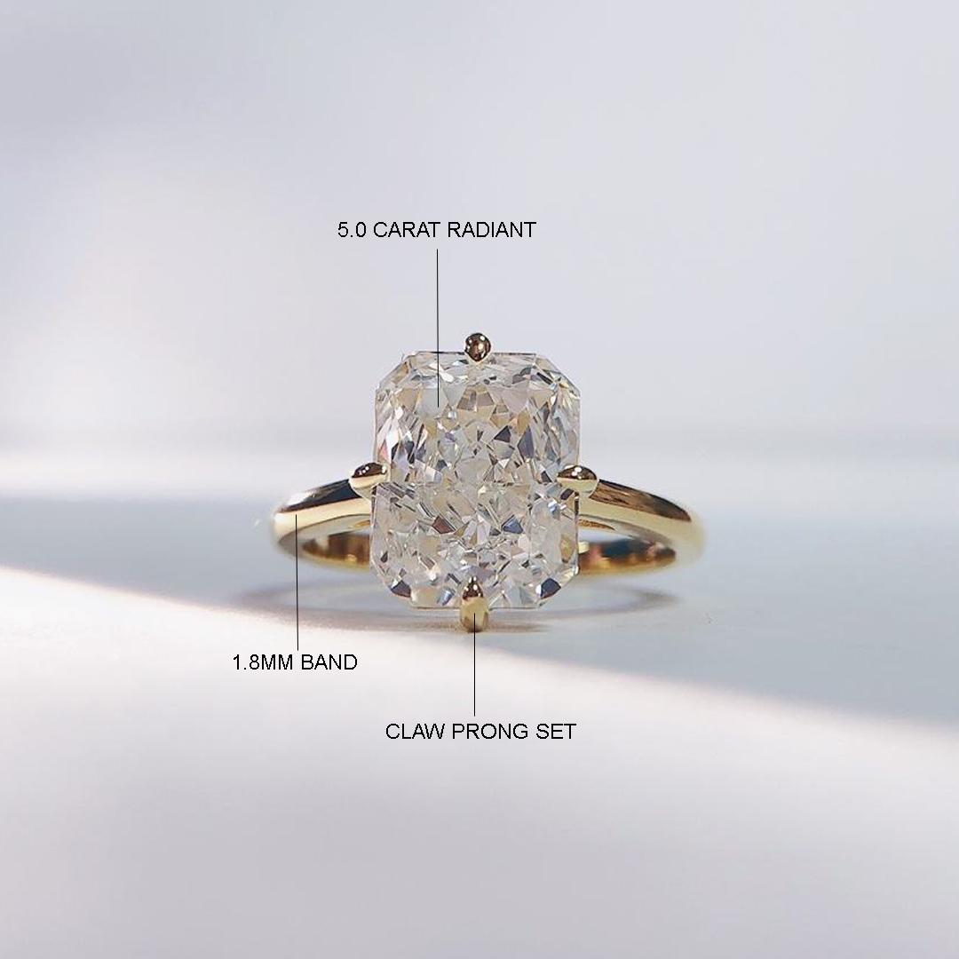 5.0 CT Radiant Cut Moissanite Engagement Ring: Solid Gold Solitaire