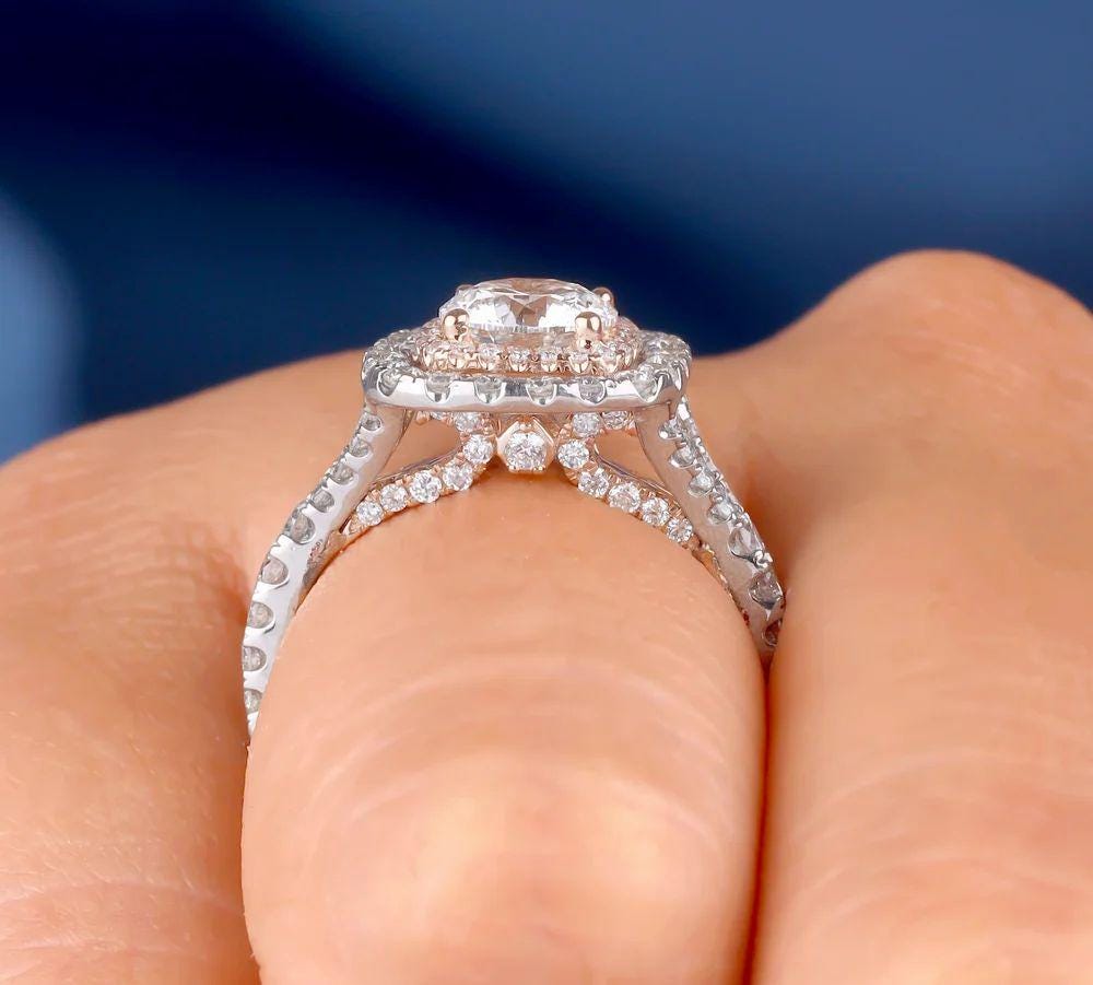 1.25 CT Cushion Cut Moissanite Ring: 14K Gold Double Halo Engagement Ring