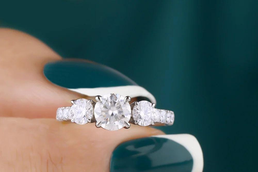 1 CT Round Moissanite Engagement Ring: 14K White Gold Pave Anniversary Ring