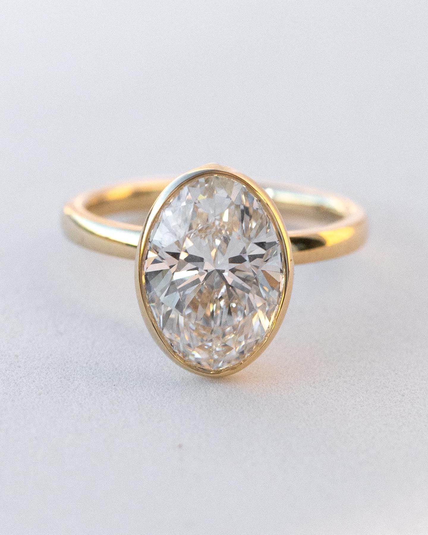 4 CT Oval Lab Grown Diamond Ring: Bezel Setting, Solid Gold