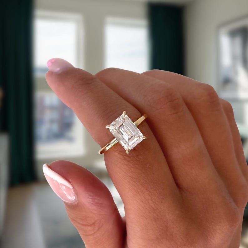 3 Carat Emerald Cut Lab Grown Diamond Engagement Ring - Hidden Halo, Double Claw Prongs