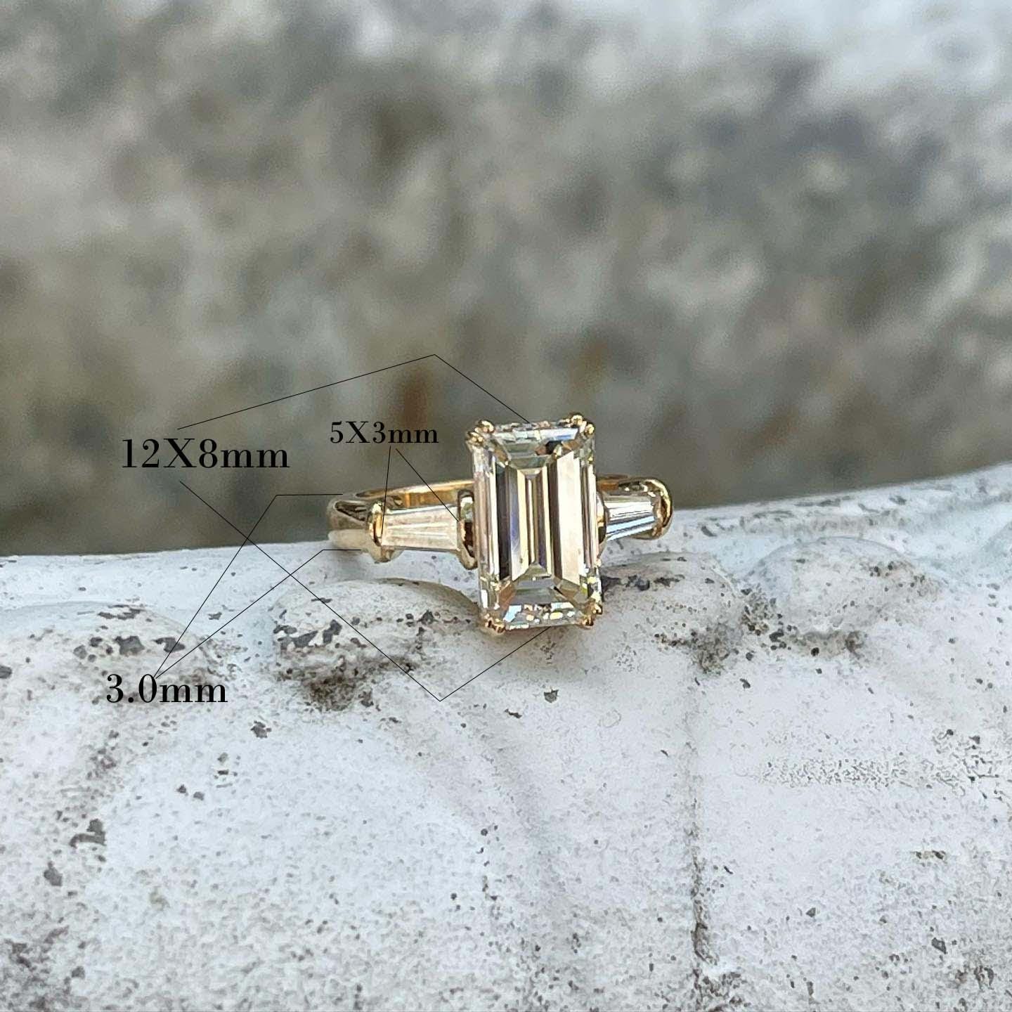 Emerald Cut Moissanite Engagement Ring: Three Stone Solid Gold Anniversary Ring